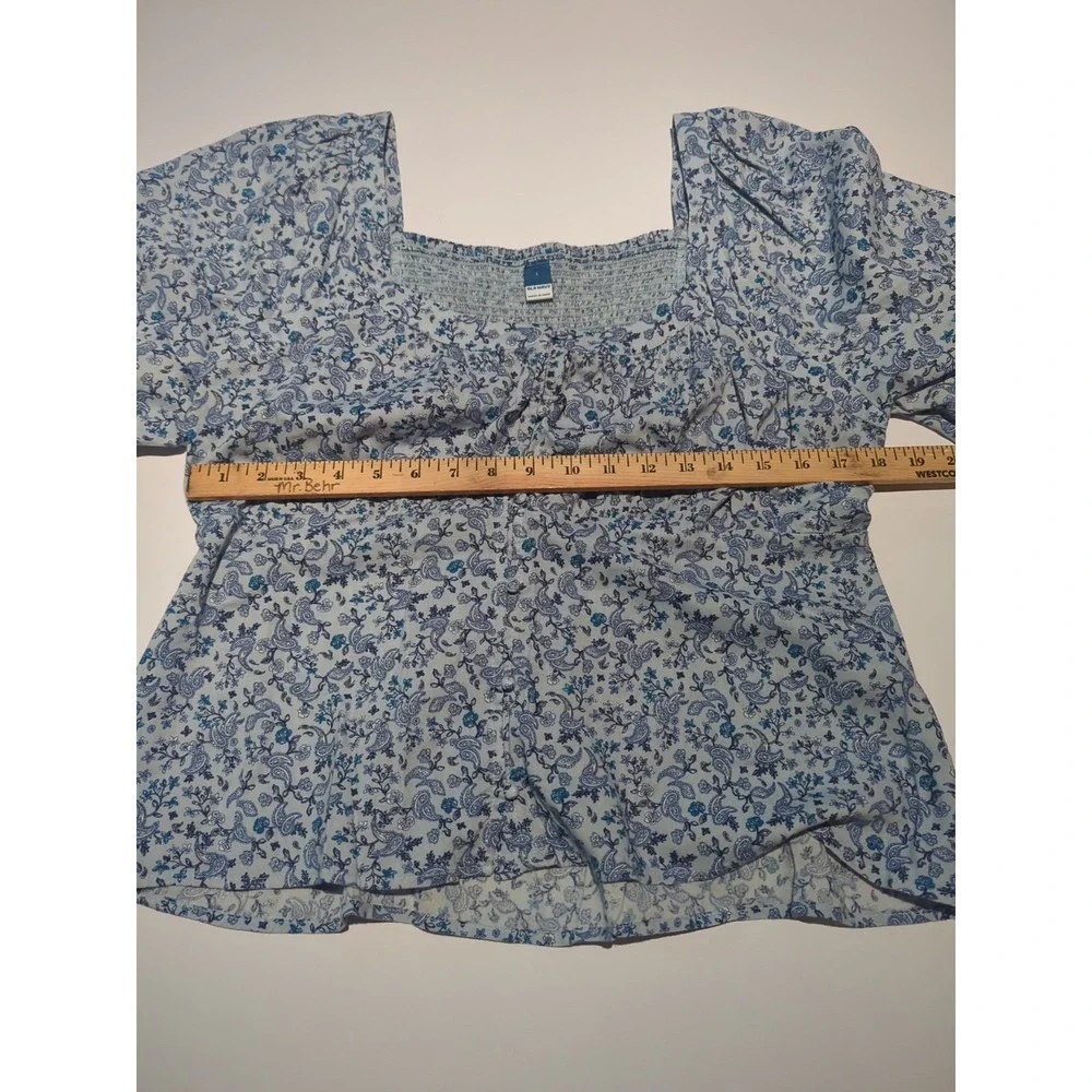 Old Navy Blue Floral Paisley Peasant Blouse L Boho Cottagecore Square Neck Blue